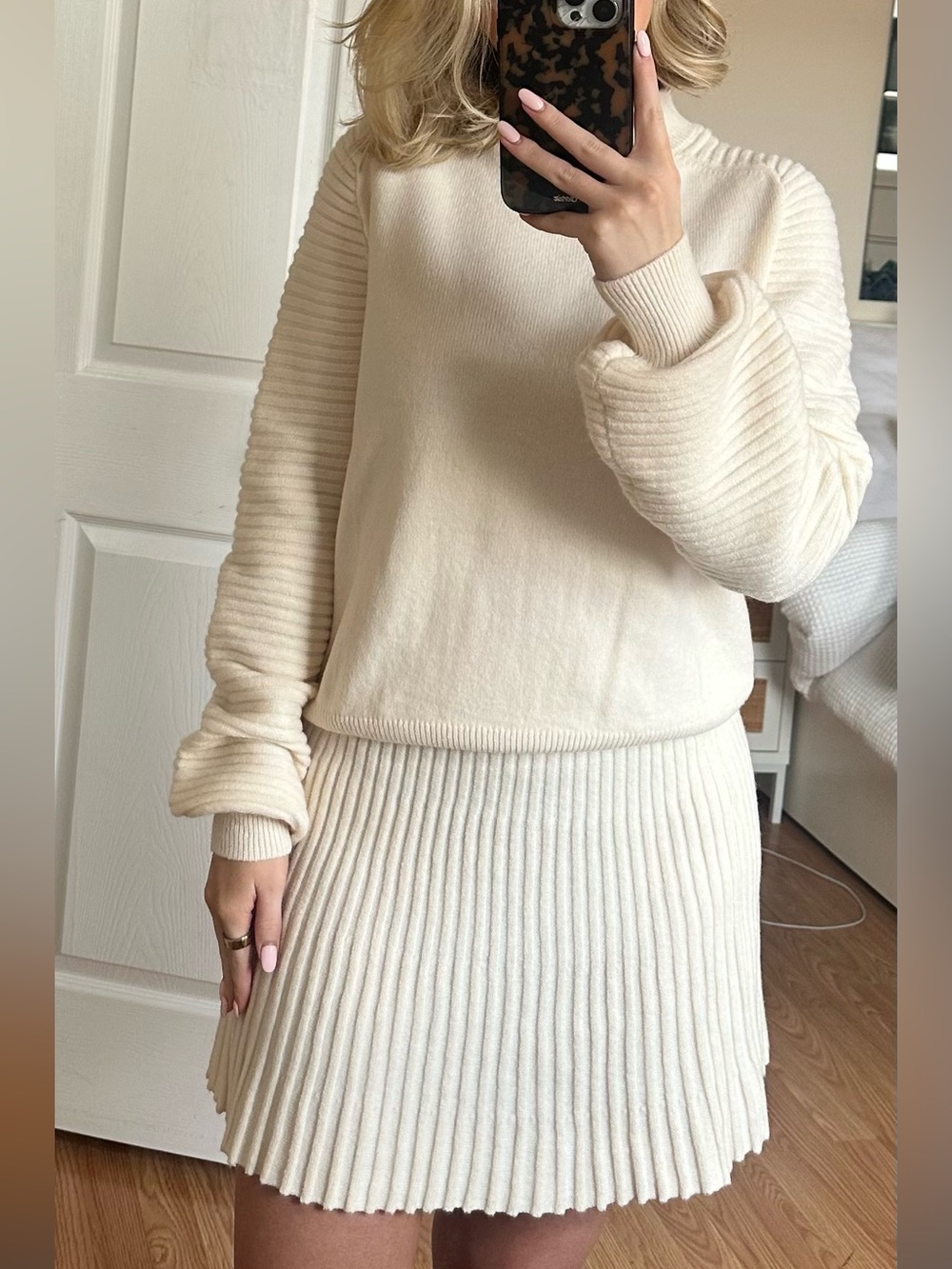 Ivory Ribbed Knit Sweater and Pleated Skirt Set